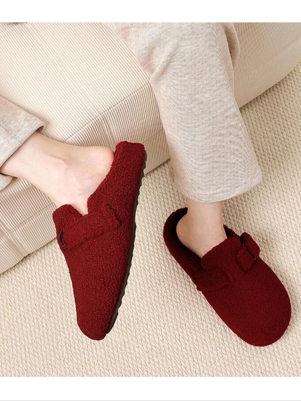 Cozy Red Sherpa Buckle Slip-On Slippers